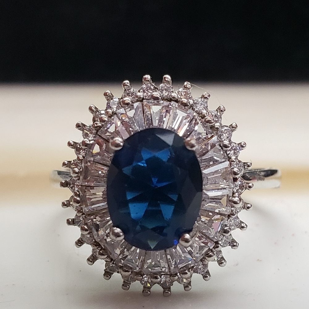 Sapphire Blue and 925 Silver Halo Ring Size 6